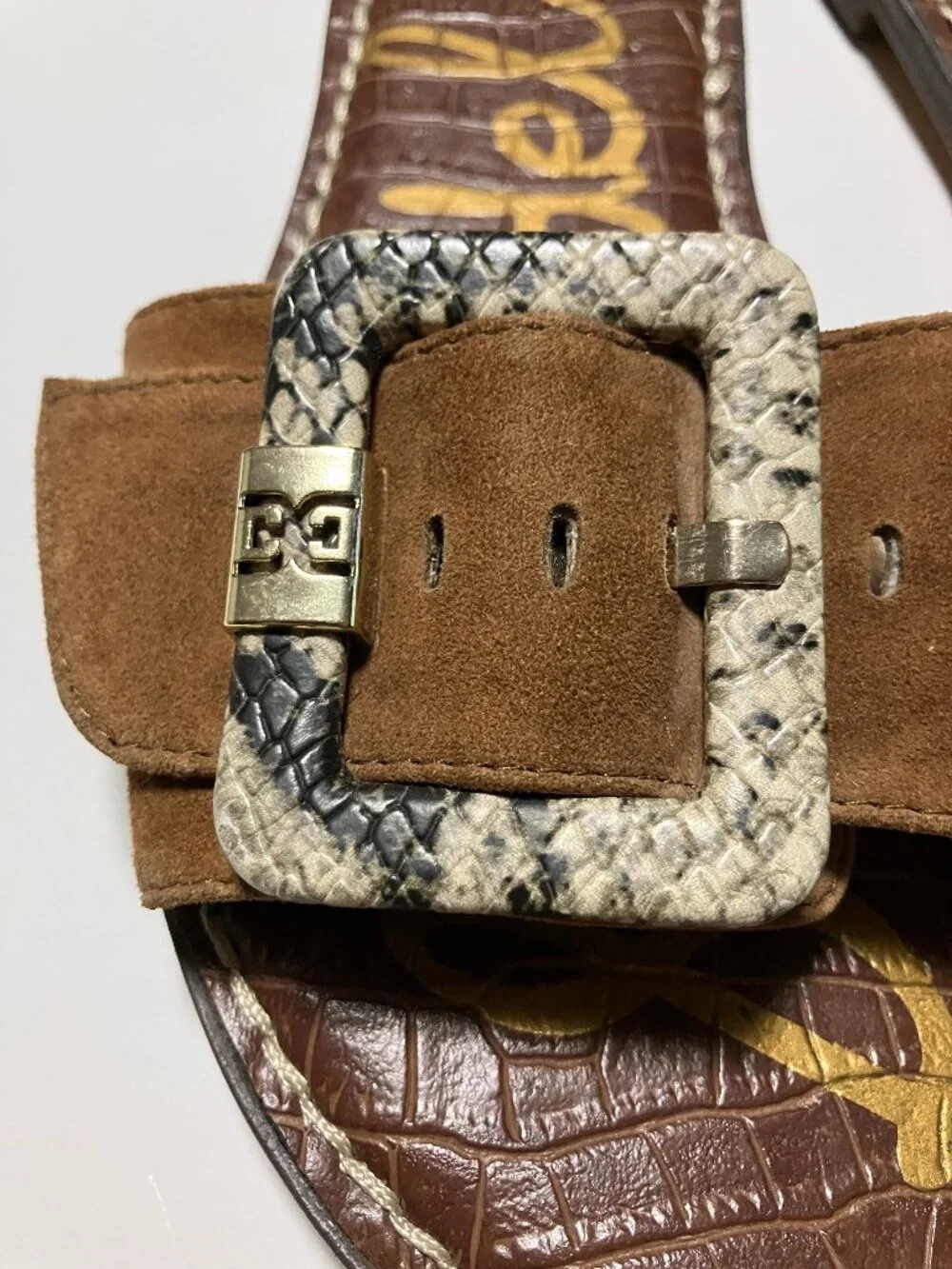 Sam Edelman Granada Suede Slide Sandals Brown Snakeskin Buckle Women's Size 6.5 - Picture 3 of 8